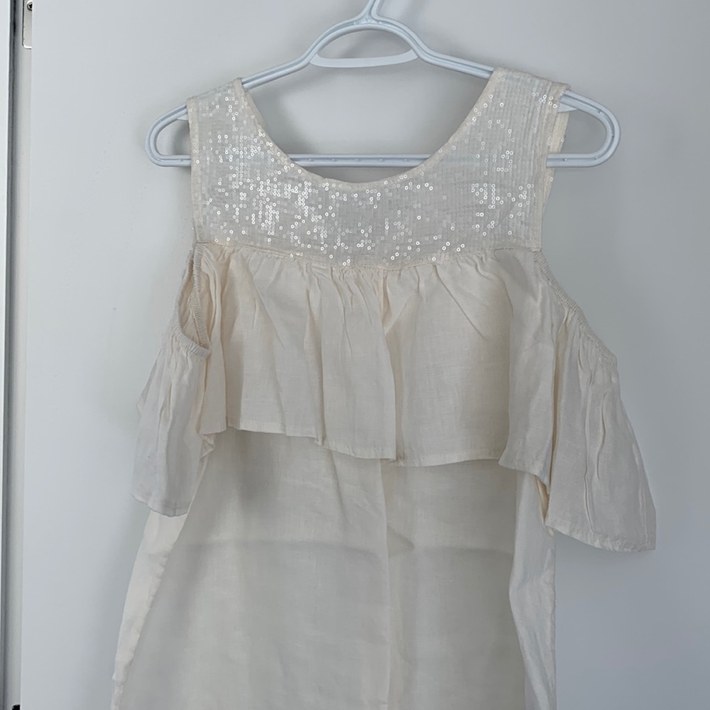 Linen summer dress, designer, unlined, off the shoulder sleeve